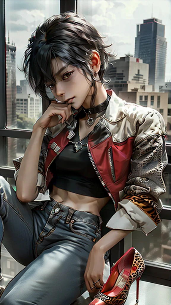 Black Hair、About boy、Spiky Hair、choker、Silver Necklace、See-through running shirt、To take apart, to dismantle、Red and leopard print leather jacket、chain、rivet、Distressed jeans with floral embroidery. A room in a high-rise building.、Looking Outside、Sitting in a leather chair with a high back, legs crossed、Sit leaning back、((Wearing red high heels))、anklet、I play with my necklace with my right hand、Tilting his head, he gazes at the buildings beyond the glass、A smirking, scheming expression、A boy sitting in a chair in a high-rise building, looking outside.masterpiece, best quality, detailed, ultra detailed, insanely detailed, exquisite, beautiful、masterpiece、