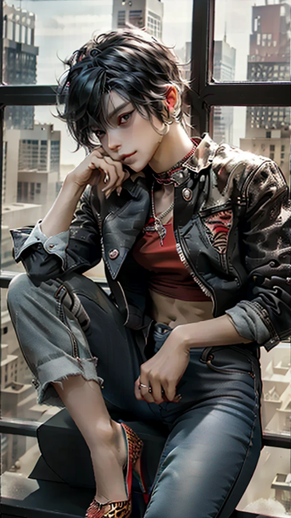 Black Hair、About boy、Spiky Hair、choker、Silver Necklace、See-through running shirt、To take apart, to dismantle、Red and leopard print leather jacket、chain、rivet、Distressed jeans with floral embroidery. A room in a high-rise building.、Looking Outside、Sitting in a leather chair with a high back, legs crossed、Sit leaning back、((Wearing red high heels))、anklet、I play with my necklace with my right hand、Tilting his head, he gazes at the buildings beyond the glass、A smirking, scheming expression、A boy sitting in a chair in a high-rise building, looking outside.masterpiece, best quality, detailed, ultra detailed, insanely detailed, exquisite, beautiful、masterpiece、