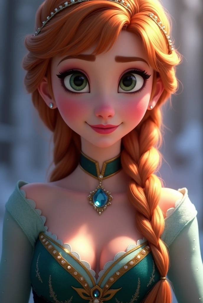 A stunning portrait of Princess Anna of Arendelle, young and beautiful, hyper realistic, real portrait, backlit, exquisite features, cleavage, sexy, seductive