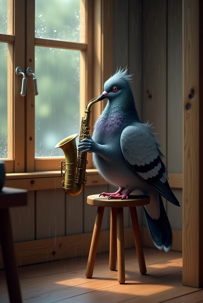 gray pigeon playing the saxophone on the seashore realistic image