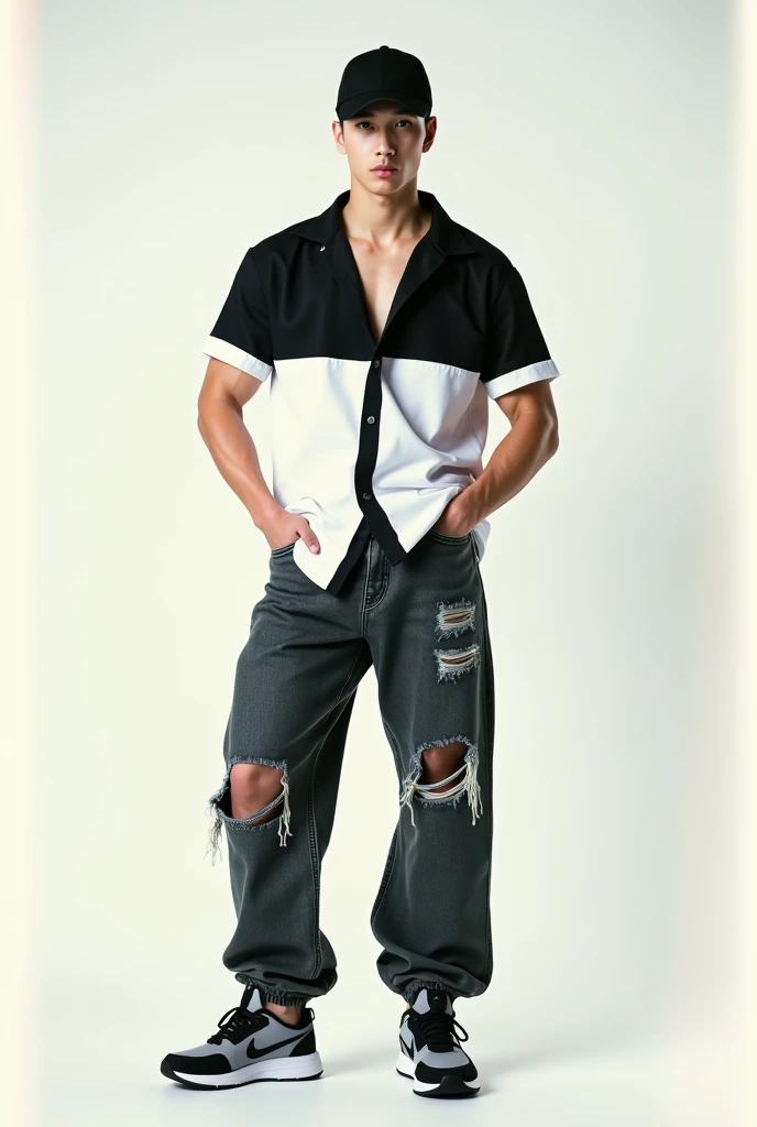 Realistic photo of a 24 year old Korean boy, pale face, beautiful  face, Muscular and strong body, wearing a black cap back, wearing a black and white shirt with short sleeves, wearing baggy wide loose baggy jeans with rips, wearing Nike shoes,white background , making sexy gestures, fully body, posing for photo shoot, doing poses, polaroid , looking straight ahead 