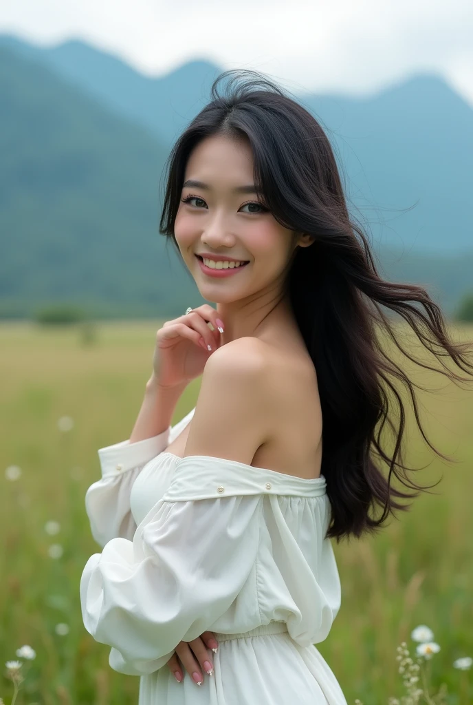 (Masterpiece),(complication:1.3),(Realistic),Young woman,, A cute bright smile.,(Beautiful long black hair with slight curls.), Blue eyes, big breasts, (Thai face), (Very beautiful face), white skin, small, Wear shorts, Stand sideways and grab my hair, (The wind blows gently from right to left.), There are small flowers.,(Wear a white silk shirt that shows both shoulders.),Has uniqueness,(Located in an open area, with grasslands and mountains.),Can be viewed in many formats,see the whole body,Beautifully detailed,Be natural,Complex light lines,Show after image,Professional Photographer,Have clarity,dramatic,Awarded globally,Cinematic lighting,(film grain,Blurred background,Blurred background,bokeh,depth of field)
