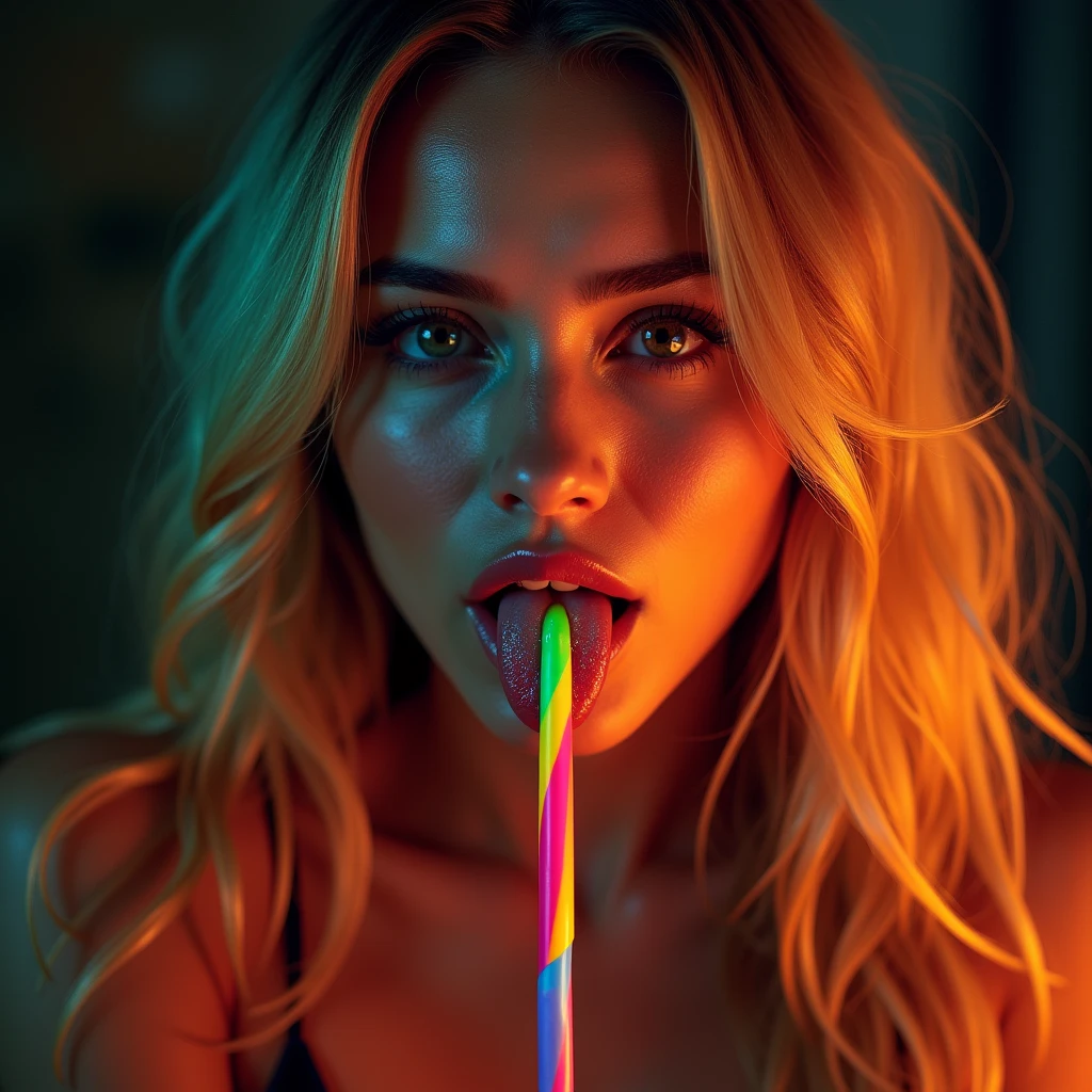 (Full Body Shot:1) Photorealistic images (Lay a pose:1) woman, Ultra-realistic, photograph, Long rainbow hair, woman, 24-years-old, Hourglass Shape, Perfect body, Sexy expression, Big Natural Tits, Blur the background, Her wet tongue licks up a thick, long, rainbow-colored, spiral-shaped pop, There's a little bit of saliva dripping from her tongue., Captivating look, ((Highest quality, 16K)), The light shines on your face, Highly detailed face, Highly detailed lips, Green Eyes, Natural Makeup, Ultra-realistic, Night view, Dim artificial lighting