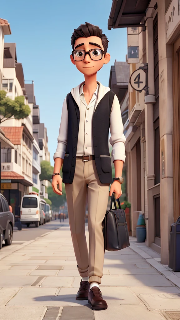A man walking on the city road, short hsir, thin face , glasses, white long sleeves shirt, black shawl cardigan, khaki chino, white snakers, fully light, hold tote bag.