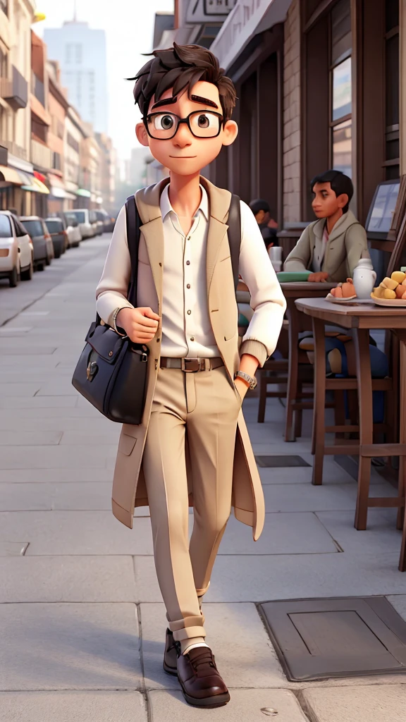 A man walking on the city road, short hsir, thin face , glasses, white long sleeves shirt, black shawl cardigan, khaki chino, white snakers, fully light, hold tote bag.