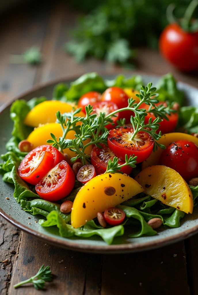 Create a vegetable salad with red peppers, yellows and greens that are on a palette of baroque painters