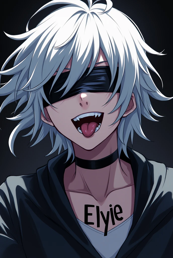 Male anime character with white hair and blindfolded eyes with tongue out.
with the name "Elyie" written on the neck