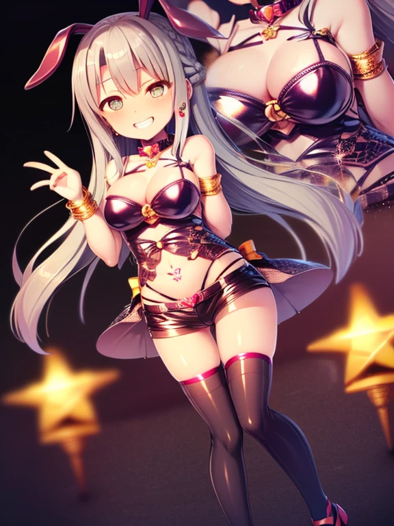 ((Highest quality)), ((masterpiece)), (detailed), (Character Focus、breast focus,whole body), Anime 2D Rendering, Realistic young anime woman, Five Fingers, Perfect Face, Beautiful details, 1 person, alienation, tattoo, double, High Leg Raise, corruption, heart-shaped pupils, heart, Symbol-shaped pupil, red面, Open your mouth, pubic tattoo, Focus Only, collar, Coed Nipples, smile,jewelry, Magical girl, Darkman, Earrings, eternal, Long Hair, Large Breasts, easily_thigh, Black knee-high stockings, 国家反corruption局,((Highest quality)), ((masterpiece)), (detailed), (Character Focus、breast focus,whole body), Realistic young anime woman, Five Fingers, Perfect Face, Beautiful details, Beautiful body, Beautiful breasts, 美丽的thigh, (Large Breasts)、(Long Hair)、((Grin))、She turned her face and body towards the audience.,美丽的脸庞和迷人的smile,eternal的、(masterpiece, Highest quality:1.2), National Anti-Corruption Bureau, 错误的smile, Long Hair, Bunny ears, Bunny girl, Long Hair, 发光的eye, Transparent black leather jacket,Mini shorts,(Ilyasviel of Einzbern),red_eye,Cream colored hair,(French Braid)