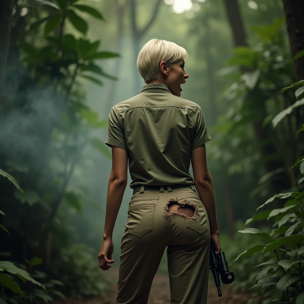 Big ass , We also see her face , , big butt , it's 1940 , We see the girl from behind. , She looks at the viewer , , A hilarious cinematic scene of a young, talented actress who looks like Doris Day, dressed as a poacher in the heart of the jungle. She is over, wearing long pants and a hunter's shirt, and holding a rifle. The edges of a large hole in her pants in the butt area have charcoal marks, and there is a significant amount of smoke emanating from her butt , Her platinum blonde hair is short and sleek, and she appears to be around 30 years old. In a sudden moment of physical comedy, the actress screams in pain, her eyes and mouth wide open, revealing a gaping hole in her pants in the butt area from a shotgun accident. The scene is captured in stunning 4K high definition, with the jungle as a backdrop, and a comedic tone throughout. , Up close