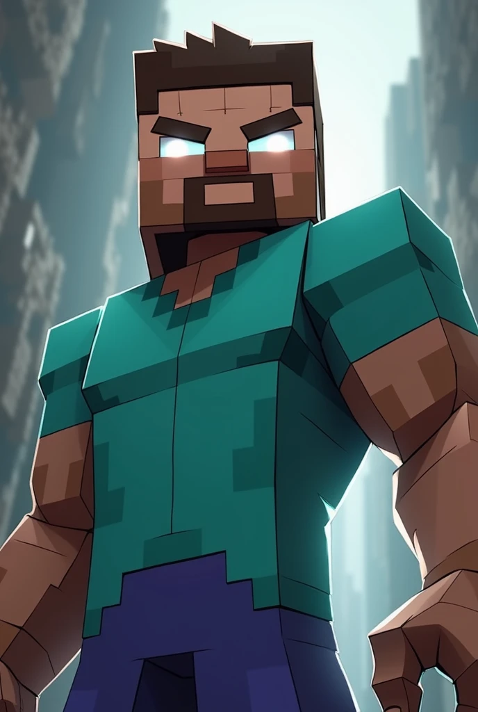 Steve from Minecraft with white eyes and muscular body