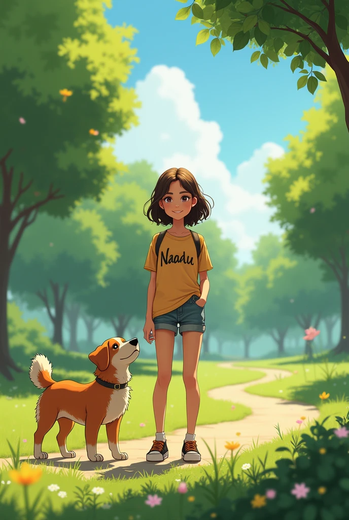 A 16-year-old girl is in a park with a dog, with the name Naduu written on her shirt.