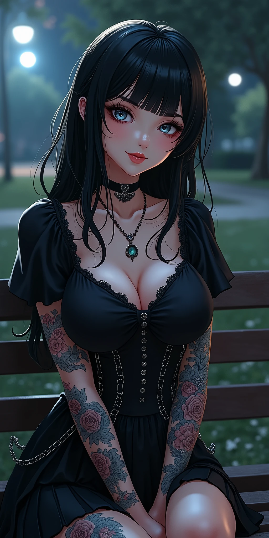 (best quality, ultra-detailed, photorealistic: 1.39), bright and vibrant colors, studio lighting, romantic expression, An effeminate girl, with a delicate and beautiful face. Beautiful and adult tattooed woman with her black hair matches the gothic makeup, her silver eyes and mischievous smile, with her large seductive breasts, cleavage, gothic style blouse, black pleated skirt, chain details on the skirt, sits on the park bench, night, manga style, anime features manga style, fully body , she is in love, anime style