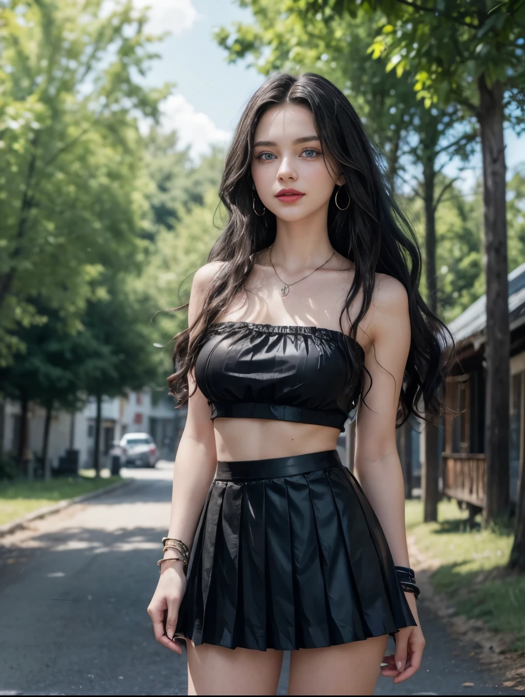 Caucasian woman; ((black hair)), (((wavy hair))), ((long hair)), hair parted in the middle; (blue eyes), ((lined eyes)), ((highlight blue eyes)), Bright eyes, (eyes with reflections); ((red lipstick)), (bright lips), constitute; smile, ((athletic body)), ((medium breasts)), ((legs)); (standing); (((black top))), ((strapless top)), (Texture top)), (((black skirt)), ((pleated skirt)), (Texture skirt); earrings, necklace, bracelets; high quality, artistic shot, In a rural town, with wooden houses and many trees, side shot.