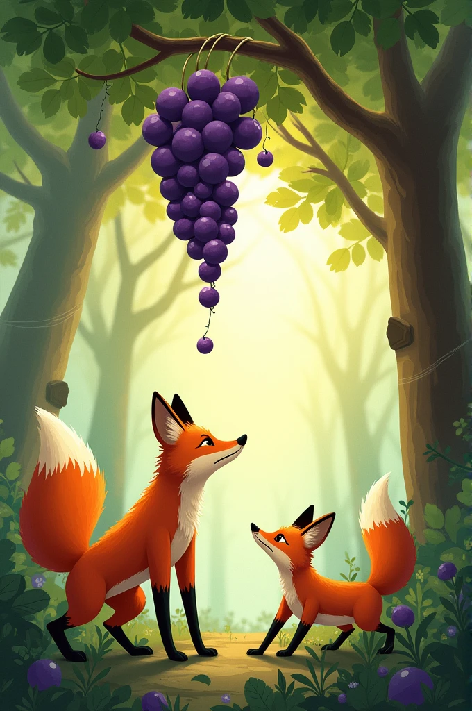 THE FOX and the GRAPES
One afternoon a fox was walking through the forest and spotted a bunch of grapes hanging from over a lofty branch.
"Just the thing to quench my thirst," he thought.
Taking a few steps back, the fox jumped and just missed the hanging grapes. Again the fox took a few paces back and tried to reach them but still failed.