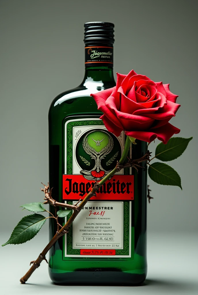 A bottle of jagger with a rose with thorns rolled up with it. In logo type image without background
