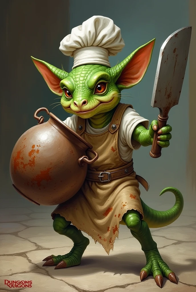 rpg character, A kobold of d&d, who is a cook, uses a large pot as a shield and a cleaver as a weapon