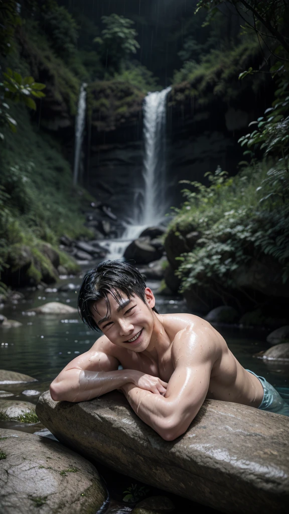 Create a vivid color image dark night under heavy rain with a tranquil waterfall in a natural rock setting.In the foreground, a very wet beautiful Smiling Asian guy white skin thin slender is depicted lying on a large rock near the base of the waterfall. The guy is curled up and draped in a soft part. A t
