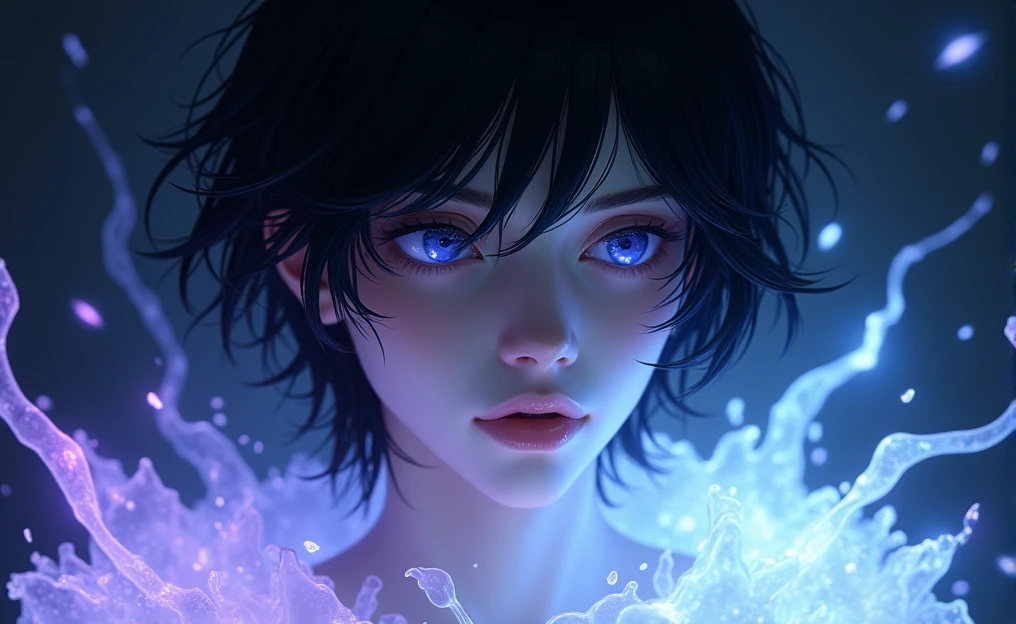 The image shows a MALE with delicate, androgynous features. The person has pale and smooth skin WATCHING AT US, with a serene and dreamy expression. His eyes are an intense and bright blue, with a look that seems lost in deep thoughts. The boy hair is short, flowing, and a bright black that appears to be made of liquid light. It is soaked and falls in clumps that blend into the background, giving a sense of movement and fluidity. There is an ethereal lighting effect surrounding the boy. Flashes of purple and white light spread across the image, as if the person is surrounded by water or some kind of magical energy. Light reflections on the skin and hair reinforce this feeling that the boy is made of a liquid or crystalline material. The background is dark, which makes the light effects stand out even more. There is a play of light and shadow that adds depth and mystery to the scene. The style is very detailed and realistic, with a fantastic touch. The use of cool colors and lighting effects creates a dreamy and otherworldly atmosphere.
