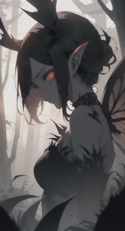 Sunny Forest, ancient female creature, demonic silhouette, fairy shadow figure, red eyes, eyes in the fog, rotting, looking dead, torn wings,