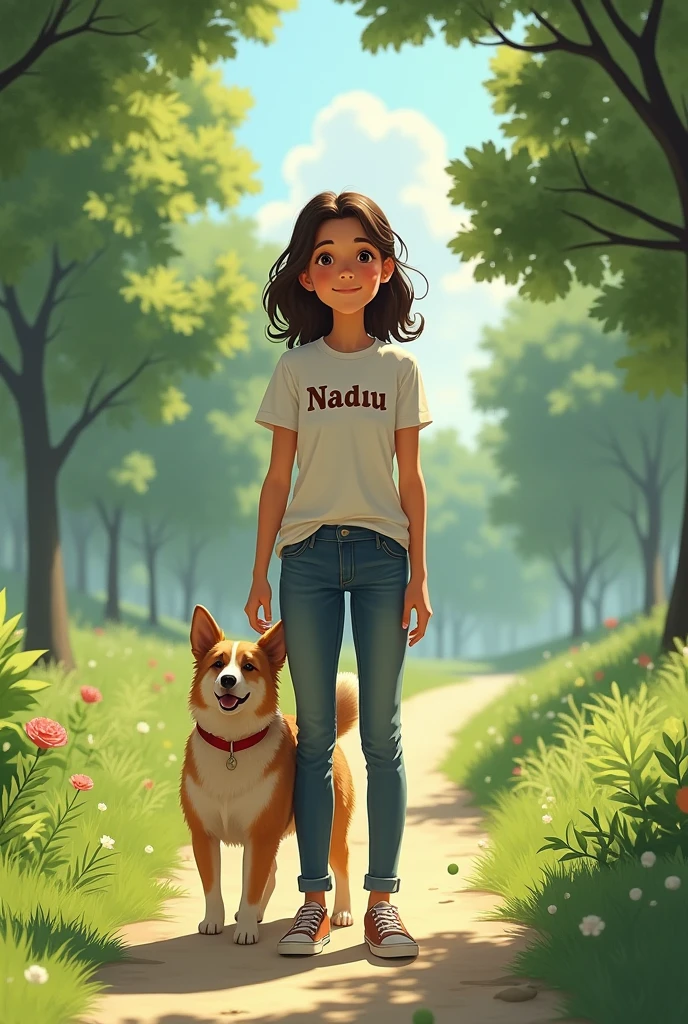 A  is in a park with a dog, with the name Naduu written on her shirt.