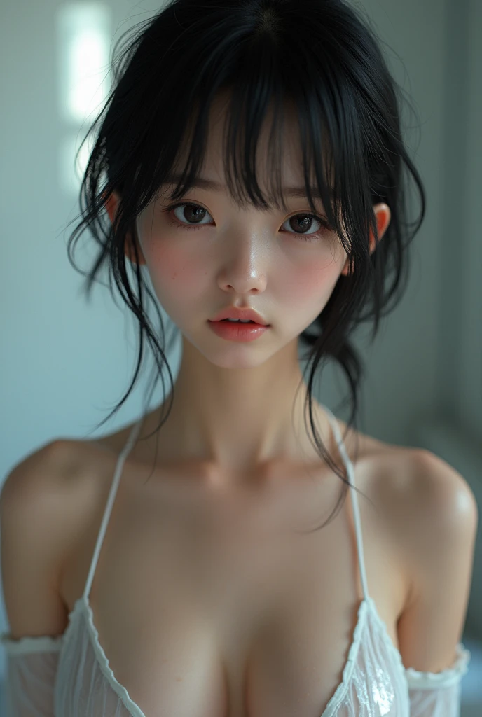 Realistic glowing skin, (sweating:1.8),Stand backwards,Look back at your face,Always look at the camera,(sweating:1.6),(I can see her small beautiful nipples:1.4),,(whole body:1.8),(Shiny, slimy, realistic white skin:1.9),White socks, black leather shoes,
,Cold look,Cold Stare,Black Hair,short hair,Tie your hair short,Silky translucent white skin,,(Very detailed美しい顔), Great face and eyes, (Highest quality:1.4), (Very detailedな), (Very detailed CG 統合 8k 壁紙), Very detailed, High resolution raw color photos, Professional photography, Realistic portrait,Sweat
(少女のwhole bodyの詳細なRAW写真), Canon EOS R5 250mm, Sharp focus, Cinema Lighting, (No makeup:1.2), Fine skin, Delicate collarbone,,(Ultra-high resolution:1.6), (Realistic:1.6),,(Japanese high school girls:1.9),(:1.9),