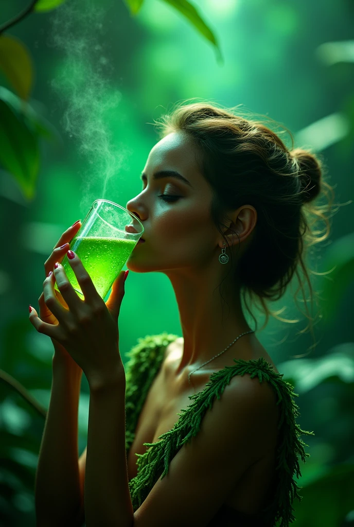 a young woman drinking a mystical green potion, ultra-detailed, realistic, photorealistic, photo-realistic, 8k, best quality, masterpiece, cinematic lighting, dramatic lighting, lush tropical jungle background, vibrant colors, striking contrast, intricate details, beautiful woman, delicate facial features, full lips, alluring gaze, elegant posture, graceful movements, ethereal, mystical, whimsical, fantasy, surreal