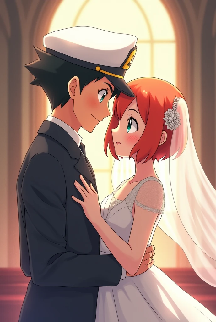 Draw the anime version of Ash from Pokémon in a groom's suit ,wearing a white cap and Misty in a beautiful wedding dress.
The dress has a fish fin style.
Let the bride's hair be short and orange ,Her eyes are green and she wears a long veil.
Let the background be soft and only the church bells can be seen
