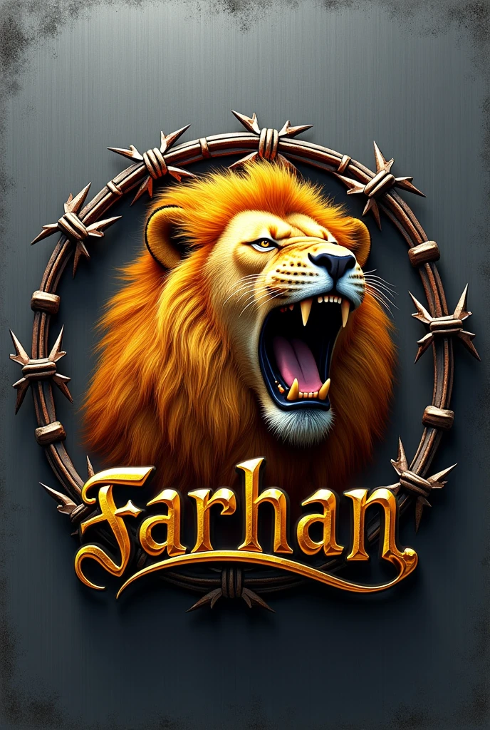 3D logo with name written "FARHAN the gouge" there is a picture of a roaring lion behind the writing, focus barbed wire circle shape, emboss effect, stainless steel, artistic elegance, glowing efek.auto focus, warna logo kuning stainless, silver color background