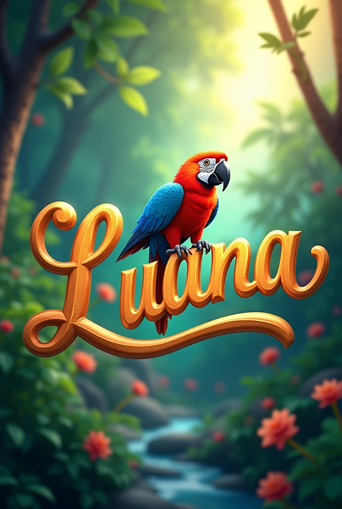 Create the cover of a book and make it animated with Luana's name written as a title, adding an animated animal that is not fictional and is colorful.