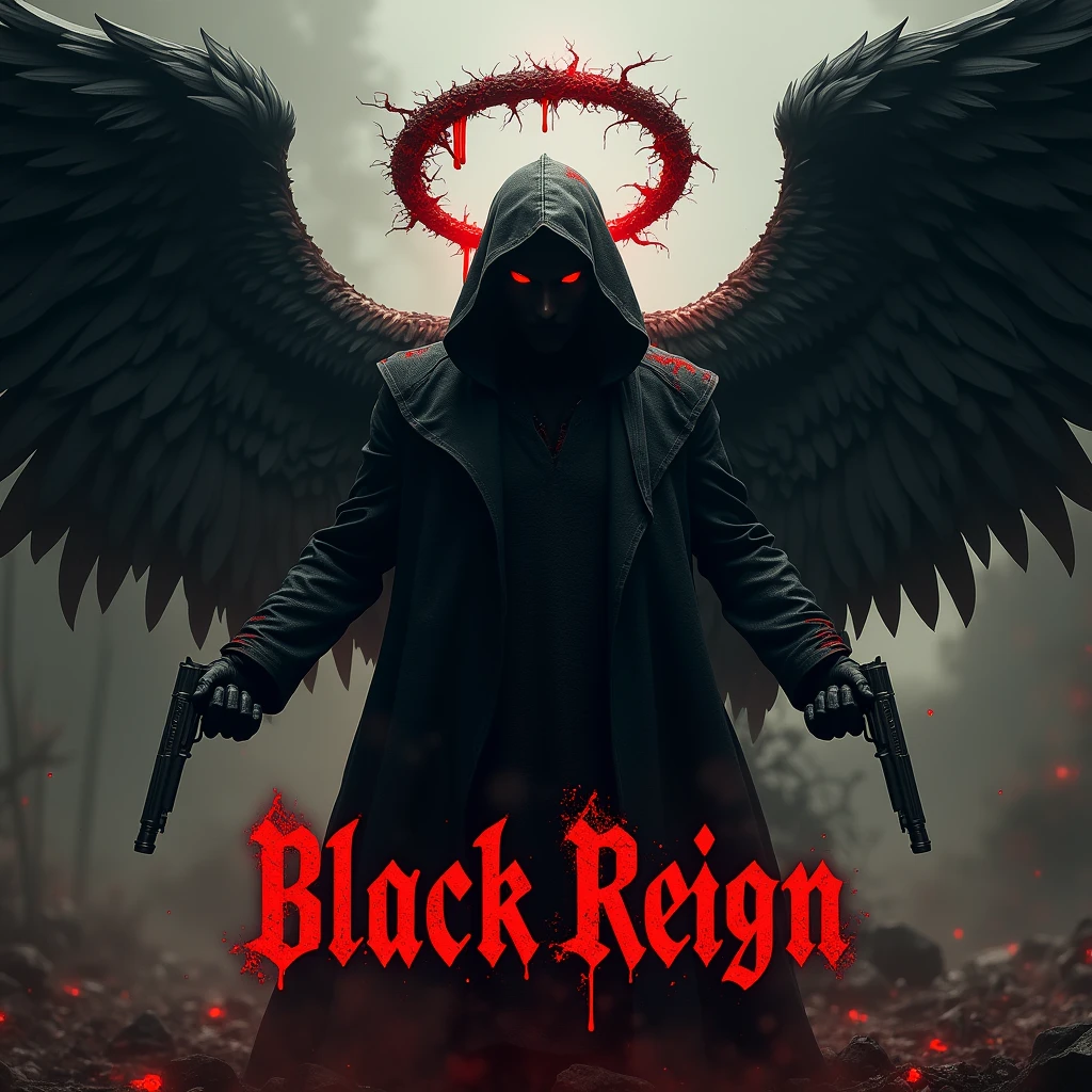 Black hooded man, mysterious, red eyes, bloody angel halo above head, big black angel wings, bloody background, holding two pistols, word “Black Reign” in large text below it, hyper realism, logo