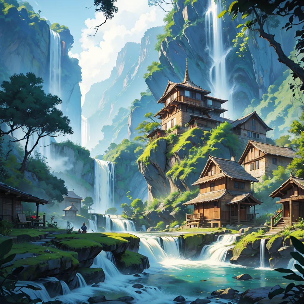 A beautiful village in mountain waterfall and jungle 
