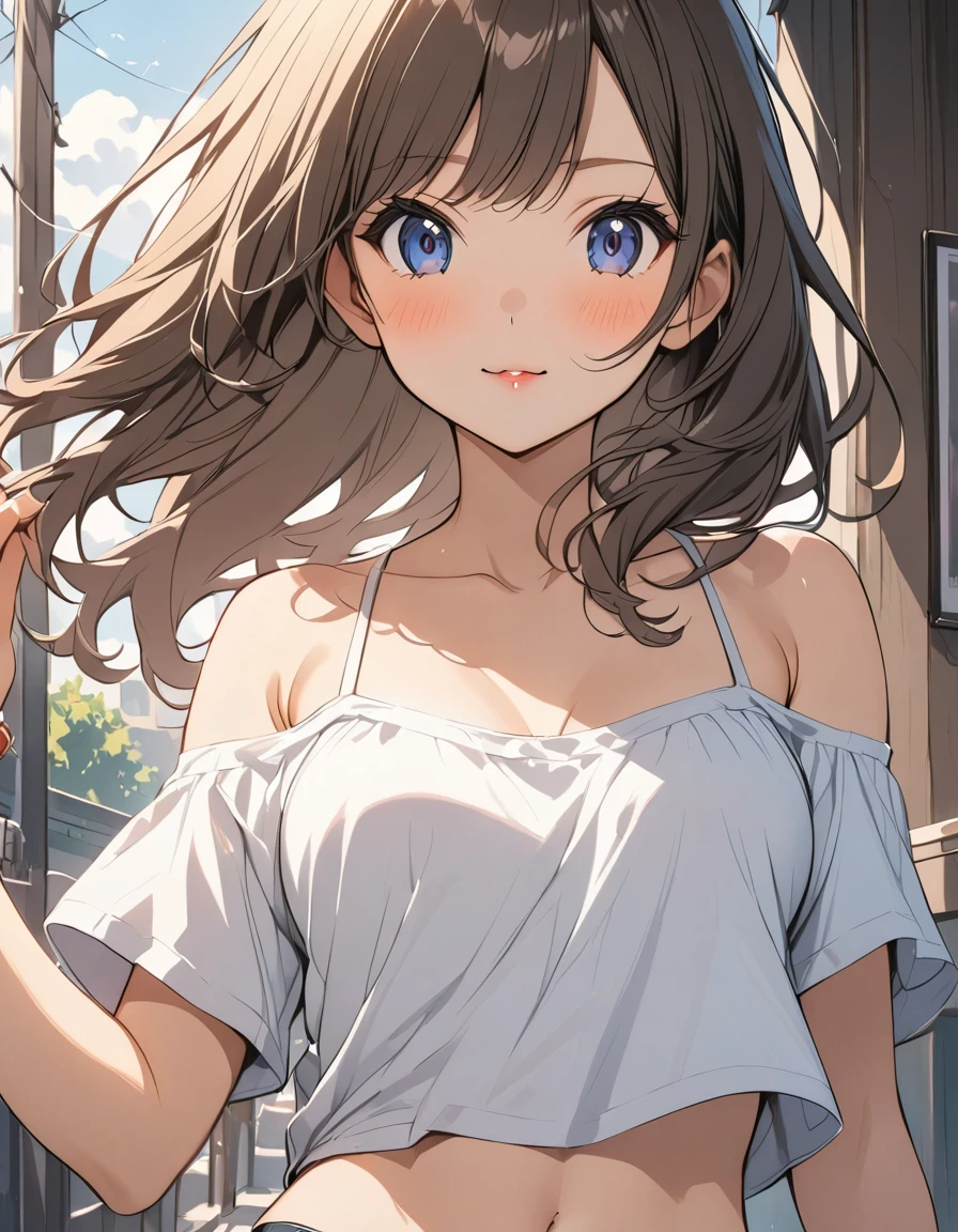  female，short camisole，crop shirt，Off shoulders，white，Art， anime，illustration