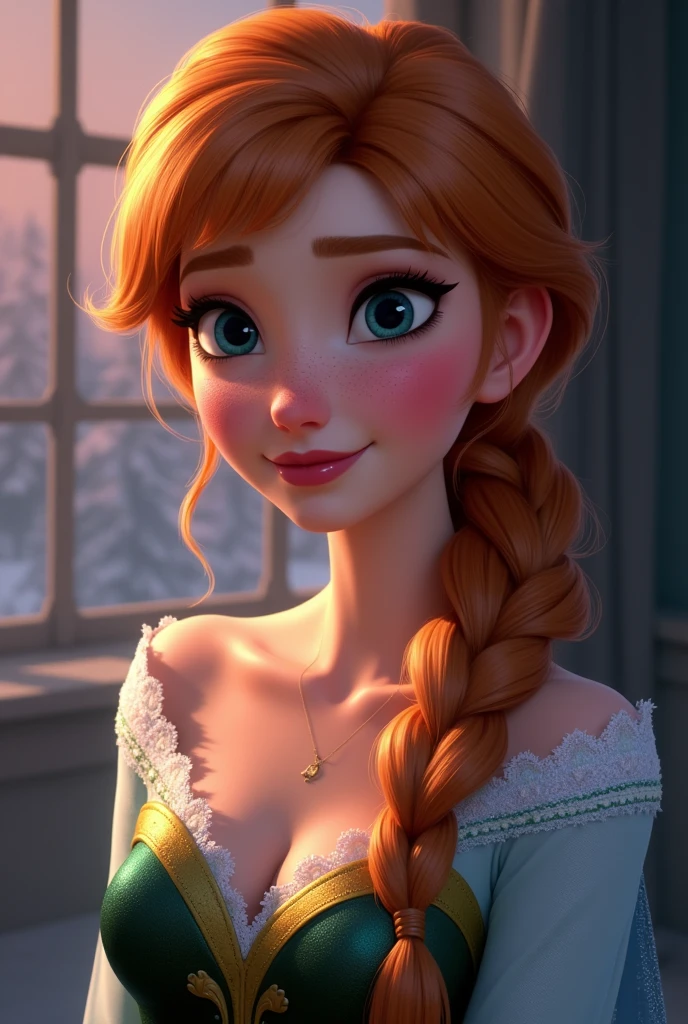 A realistic portrait of Princess Anna of Arendelle, young and beautiful, hyper realistic, real portrait, backlit, exquisite features, cleavage, sexy, seductive