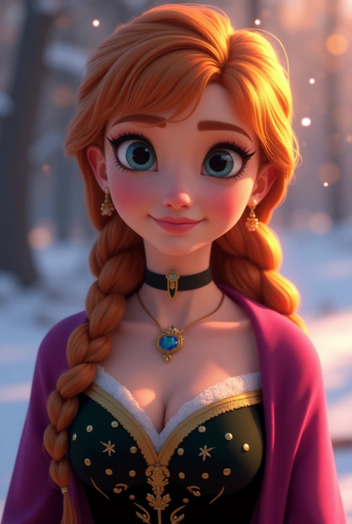 A realistic portrait of Princess Anna of Arendelle, young and beautiful, hyper realistic, real portrait, backlit, exquisite features, cleavage, sexy, seductive