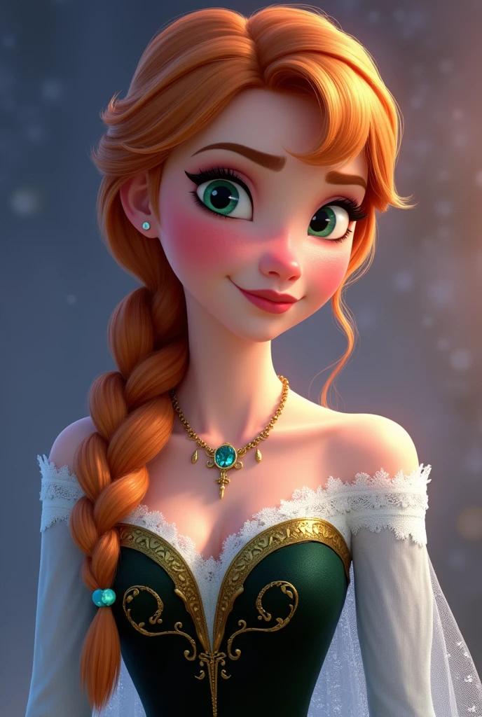A realistic portrait of Princess Anna of Arendelle, young and beautiful, hyper realistic, real portrait, backlit, exquisite features, cleavage, sexy, seductive