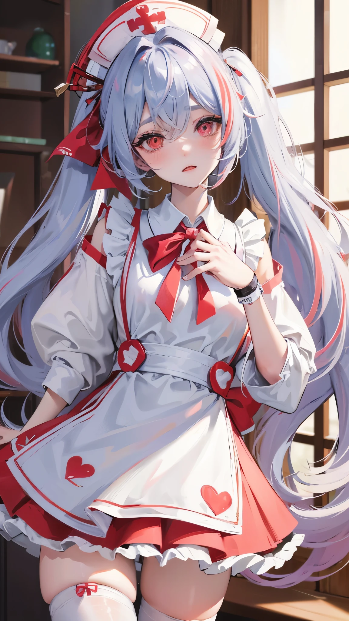 ,1girl,multicolored_hair,puffy_shorts,bandages,bandaged_neck,blurry_background,bow,pink_dress,white_thighhighs,black_bandages,nurse_cap,indoors,long_hair,low_twintails,bowtie,apron,nurse,highres,red_bowtie,white_apron,red_eyes,genshin_impact,white_hat,pom_pom_hair_ornament,streaked_hair,shirt,solo,blue_hair,thighhighs,dress,white_shirt,asami-chan,looking_at_viewer,red_bow,twintails,sigewinne_\(genshin_impact\),shorts,blurry,hospital,pink_bow,hair_ornament,id_card,pom_pom_\(clothes\),hair_ears,hat,blush,white_hair