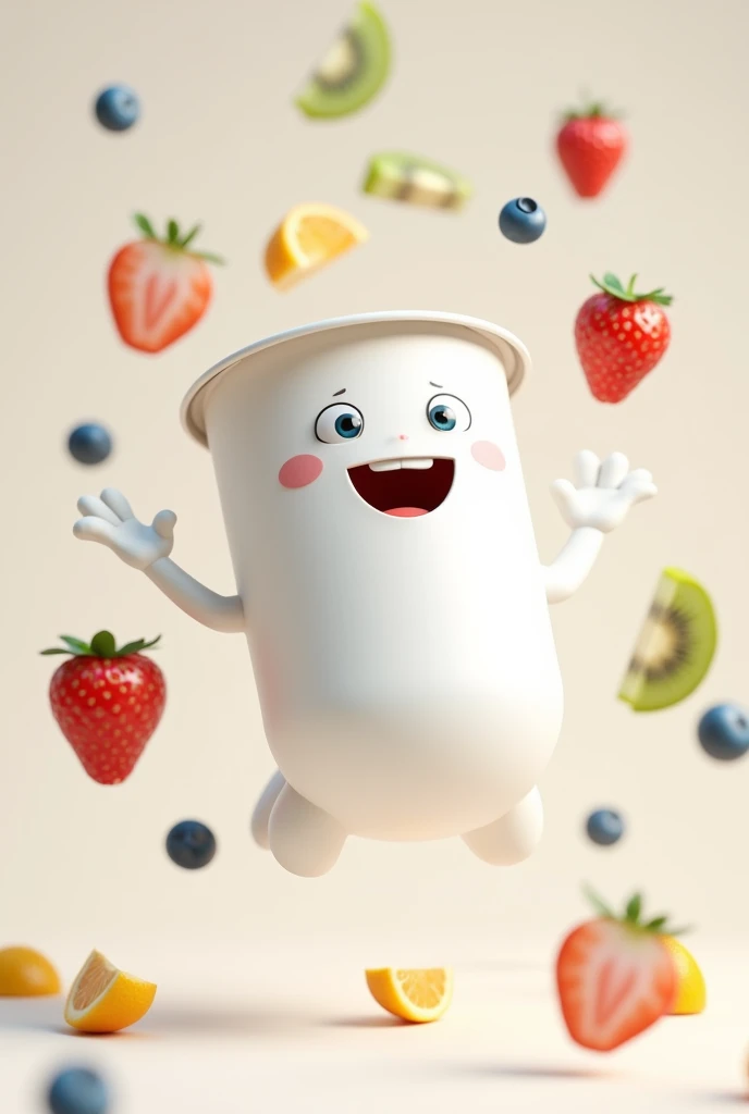 Animated white yogurt container jumping while fruits fall on it


