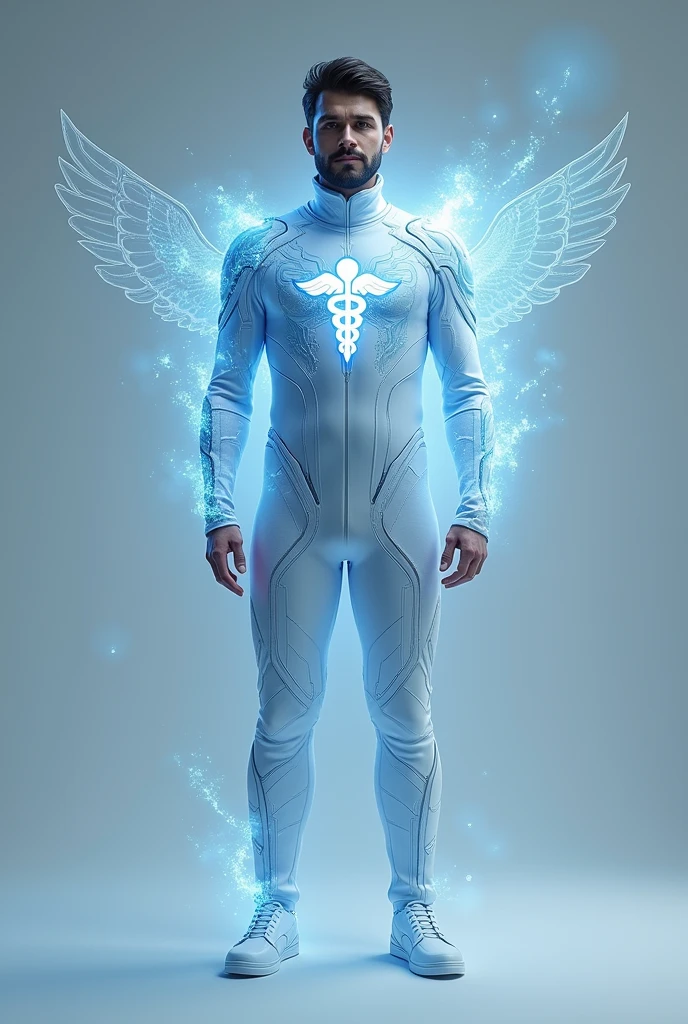 A white and blue non-technological human male suit with caduceus emblems (Symbol of medicine) Nos ombros. The suit emits a light aura of healing energy and has details that resemble a heartbeat..