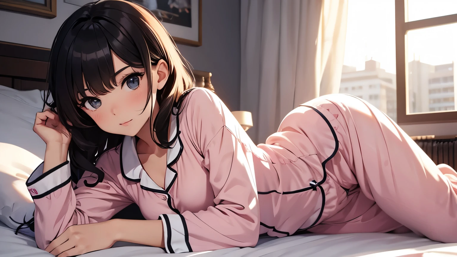 girl in bed lying relaxed, wearing very short pajamas, men's short sports shorts, dark brown short hair, slightly dark tones in the environment