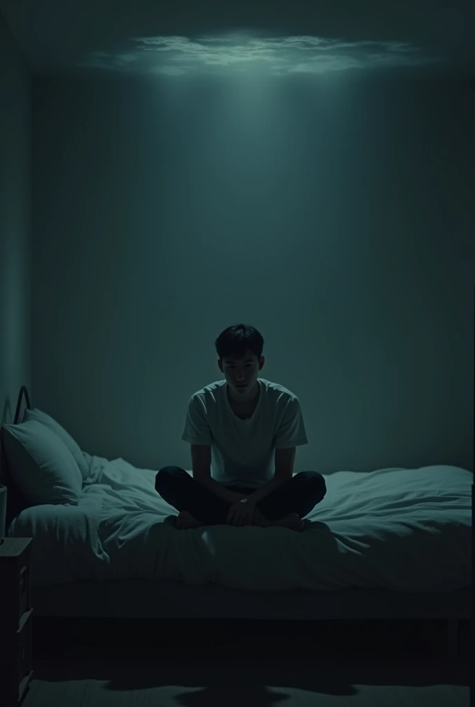 Dark and hazy background. Slowly, a minimalist, almost empty room is revealed, with a bed in the center.
The PROTAGONIST, a young man, is sitting on the bed, leaning forward, with a melancholic look.
The atmosphere is dense, as if the room is submerged in an invisible liquid. The soft light creates long shadows that accentuate the feeling of loneliness and longing.
