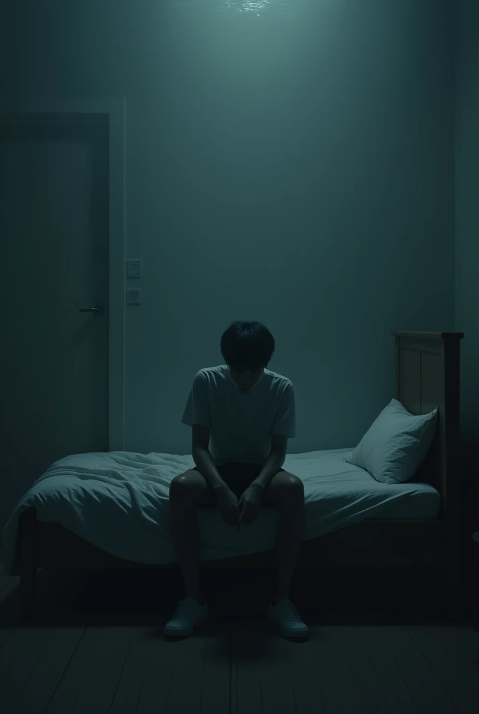 Dark and hazy background. Slowly, a minimalist, almost empty room is revealed, with a bed in the center.
The PROTAGONIST, a young man, is sitting on the bed, leaning forward, with a melancholic look.
The atmosphere is dense, as if the room is submerged in an invisible liquid. The soft light creates long shadows that accentuate the feeling of loneliness and longing.