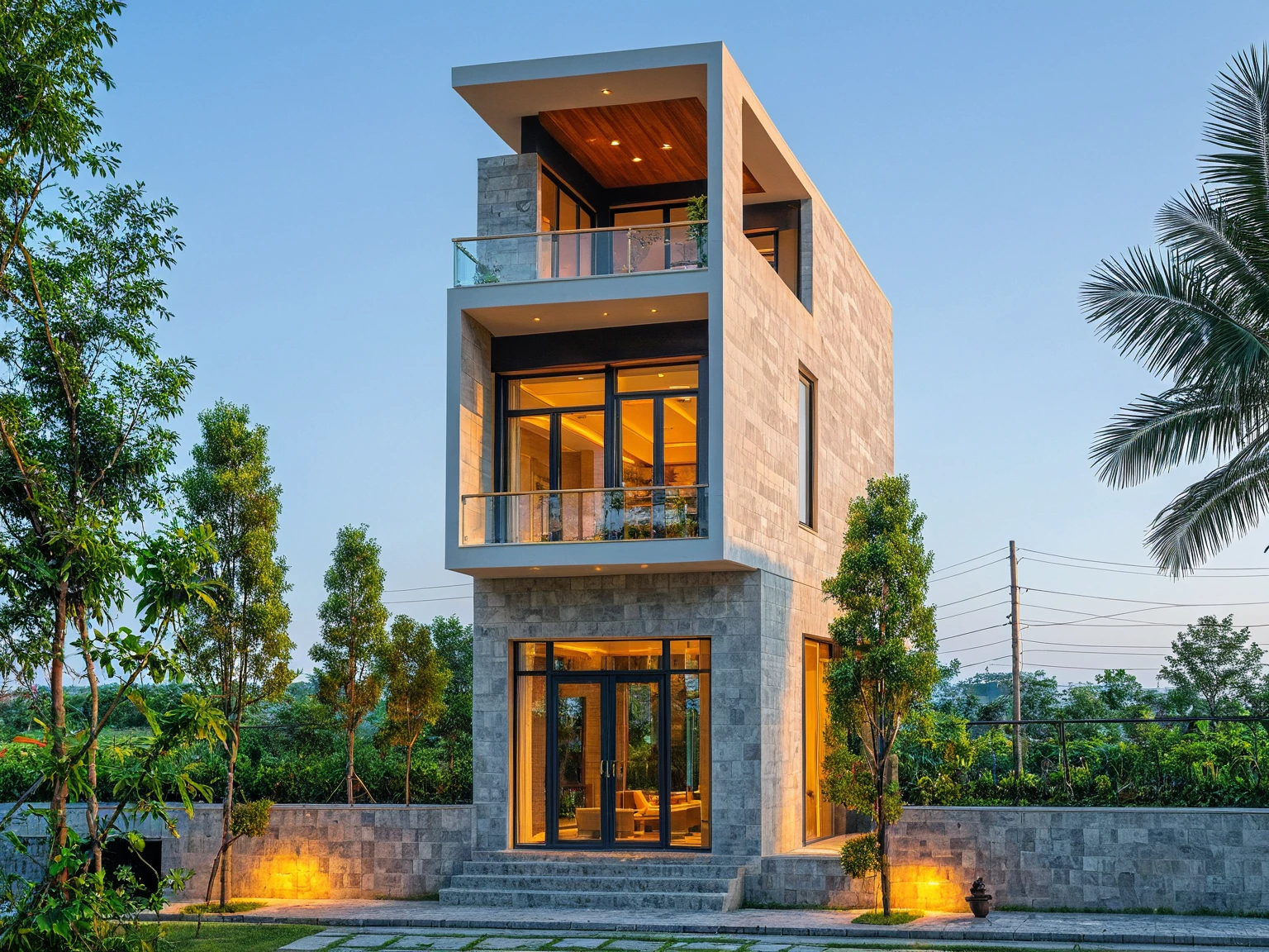 Masterpiece, high quality, best quality, authentic, super detailed, outdoor, modern home style, (light green wall), (marble wall), (stone detail), glass windows, street gates, sidewalks, grass, trees, Beautiful_sky, SUNSET, (date: 1.1), realistic light
