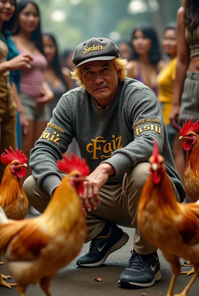 make me a hyper realistic photography HD 18K photo showing a handsome Indonesian man with yellow skin, yellow hair wearing a Skecher hat, wearing a crewneck sweater that says "Faiz Kasih" in a complicated font style, beige chino pants, and black and white Nike shoes. The man is seen sitting while bathing Bangkok chickens. in the background there are many beautiful and sexy women looking at the men around them.