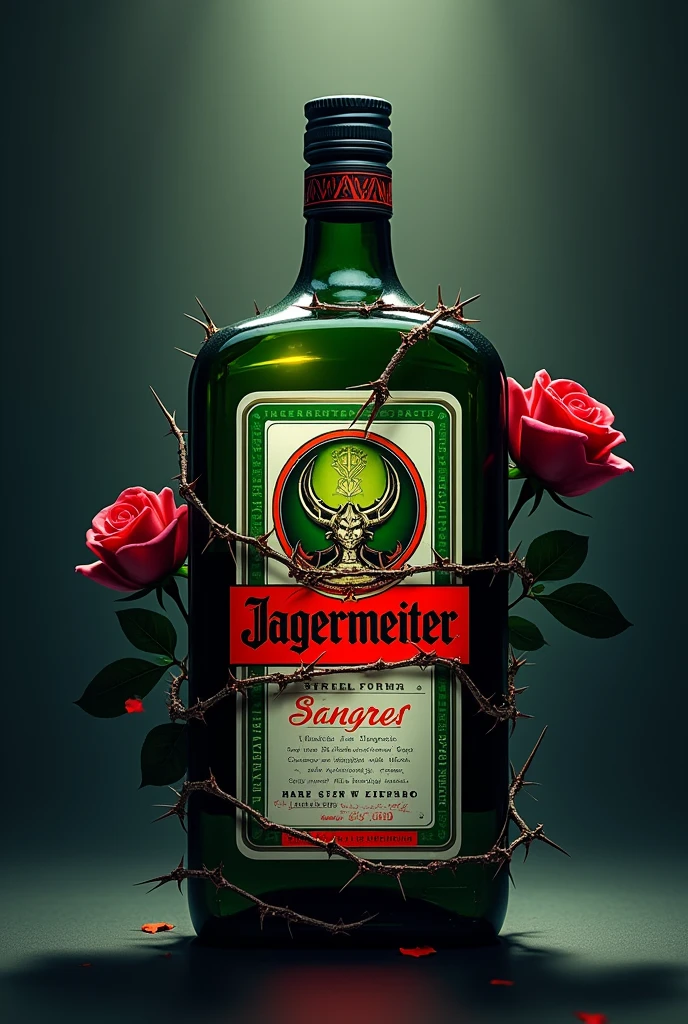 A bottle of Jagger with a rose with thorns wrapped around the Jagger in a logo-like design, bottomless