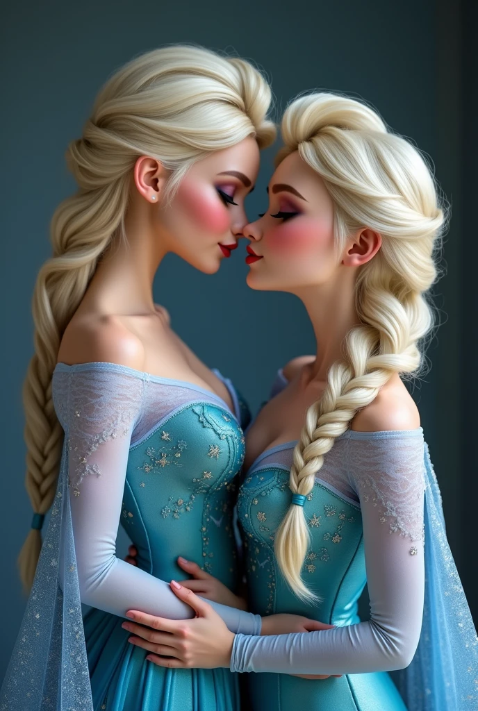 Closeup, A stunning portrait of Elsa and her sister Anna touching each others breasts, kissing, French kissing, tongues touching, they are kissing, young and beautiful, hyper realistic, real portrait, backlit, exquisite features, cleavage, Elsa is showing her vagina to Anna and asking her to lick her vagina, she is inserting his fingers in her vagina under her skirt, she is fingering her, Elsa is in ecstasy