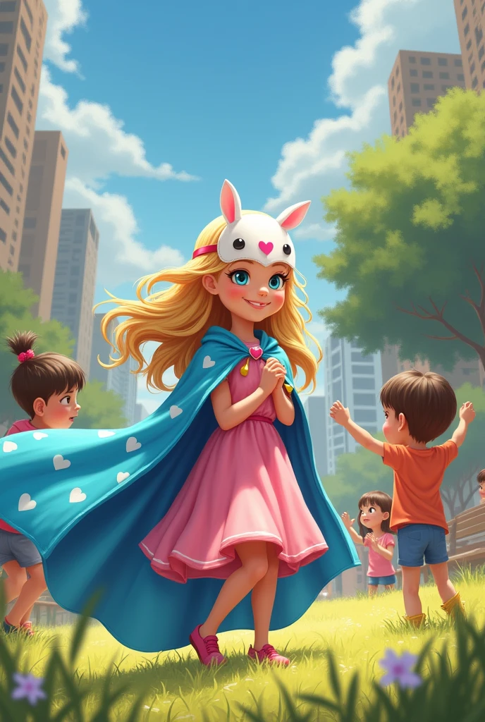 Create an image of a story where you can see a girl with blonde hair, pink dress, putting on his blue cape with white hearts and his white mask with pink hearts, She was talking to some children fighting in an urban field