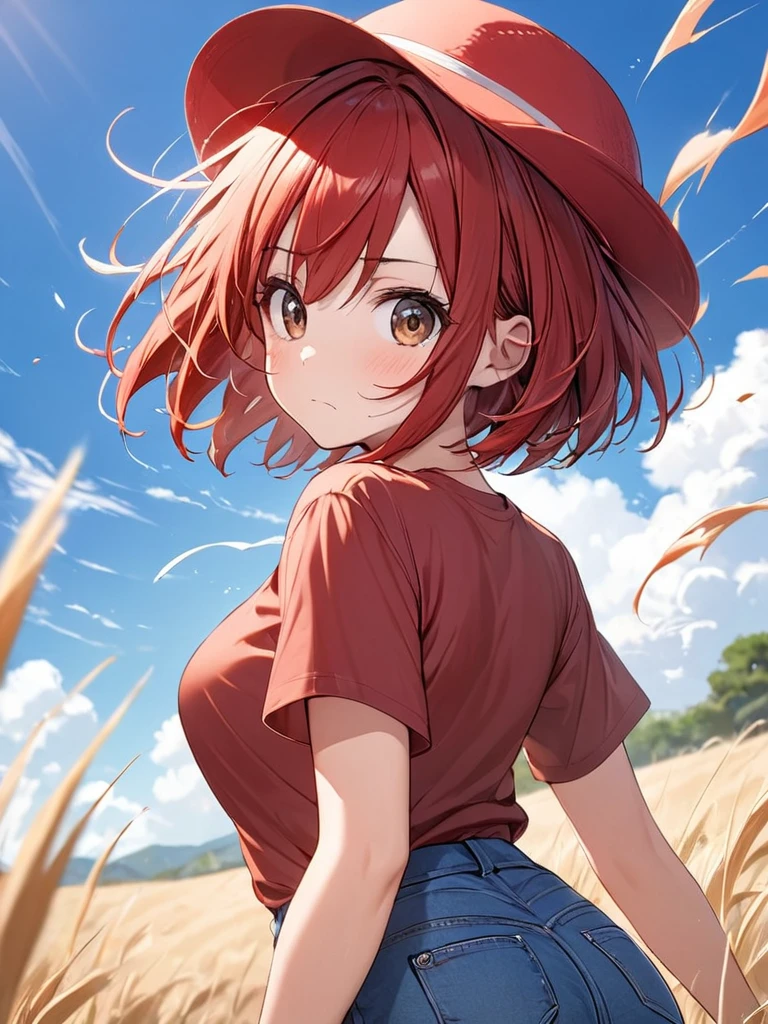 heatstroke, 1 girl, red hair, short hair, brown eyes,plain red T-shirt, Denim shorts,Red Hat,panic, blue sky, blow in the wind , cute, closed mouth, looking at viewer,cowboy shot,look back