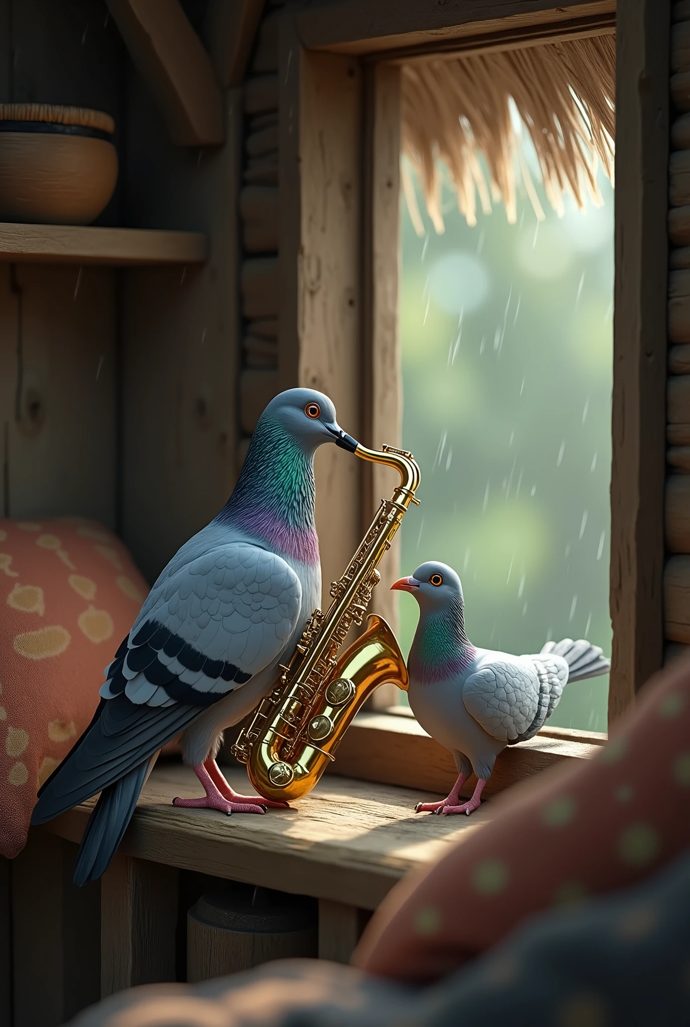 Gray pigeon playing the saxophone for his beloved dove in a hut under the rain realistic image