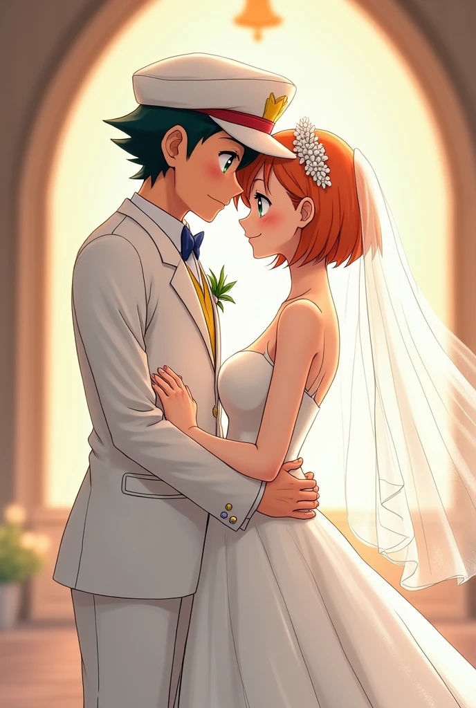 Draw the anime version of Ash from Pokémon in a groom's suit ,wearing a white cap and Misty in a beautiful wedding dress.
The dress has a fish fin style.
Let the bride's hair be short and orange ,Her eyes are green and she wears a long veil.
Let the background be soft and only the church bells can be seen Kiss