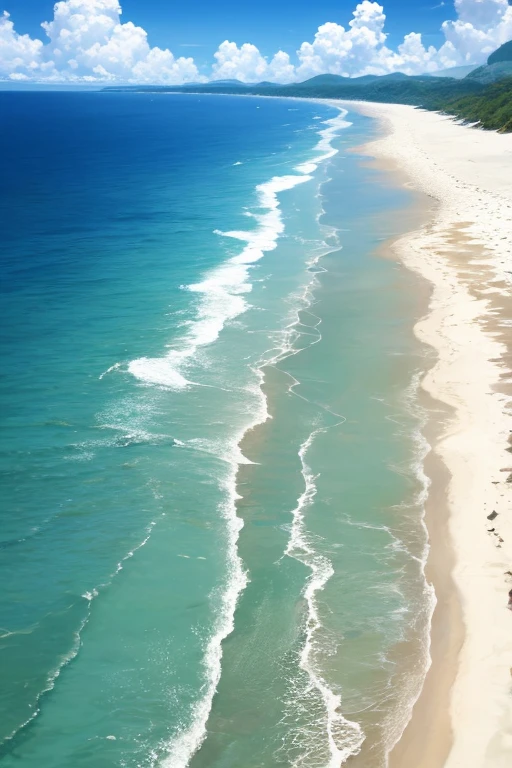 White sandy beach、Wavy、Clean sea、blue open sky、South Country、８K、top-quality、realisitic